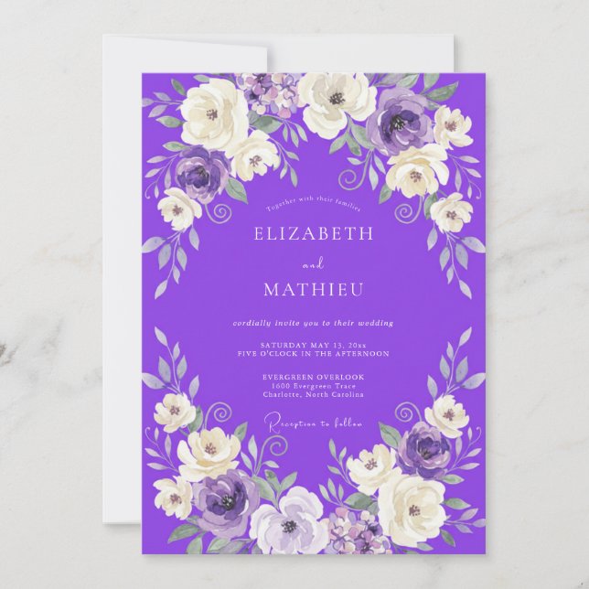 Invitation Mariage Violet Blanc Ranunculus Eucalyptus (Devant)