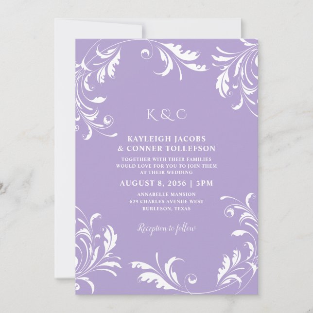 Invitation Mariage Violet Clair Élégant Formel Vintage (Devant)