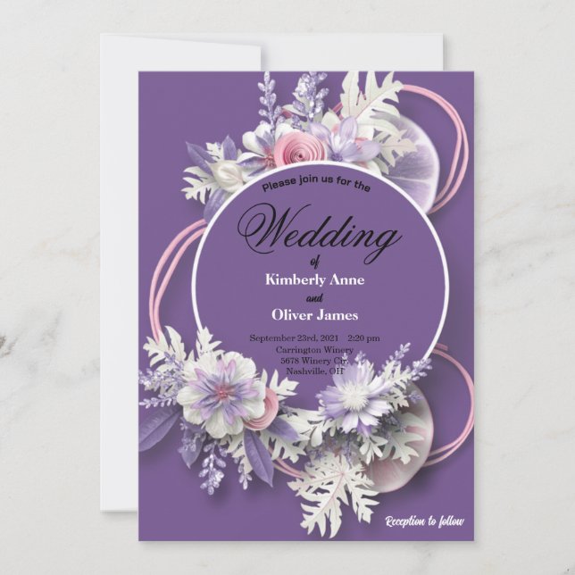 Invitation Mariage Violet et fleurs blanches et roses  (Devant)