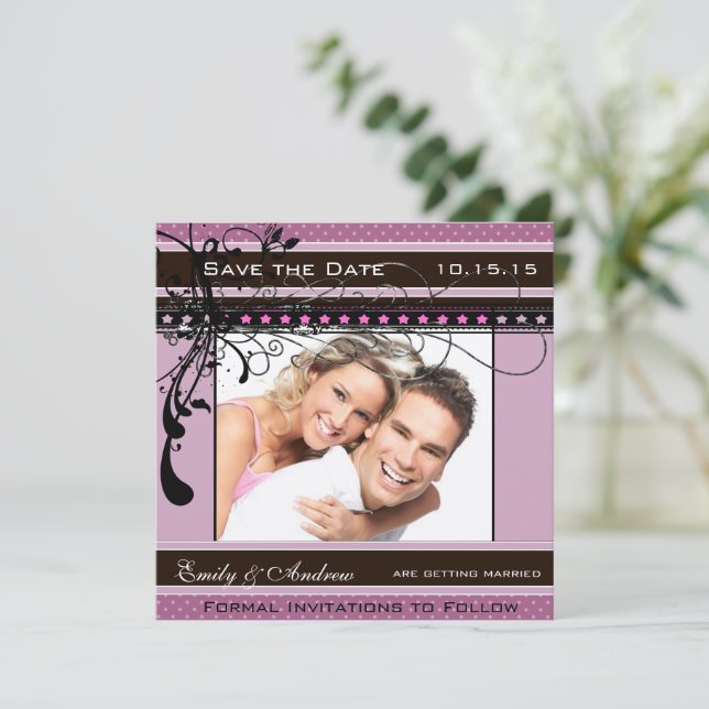 Invitation Mariage Violet et Rose Photo Save the Date (Debout devant)