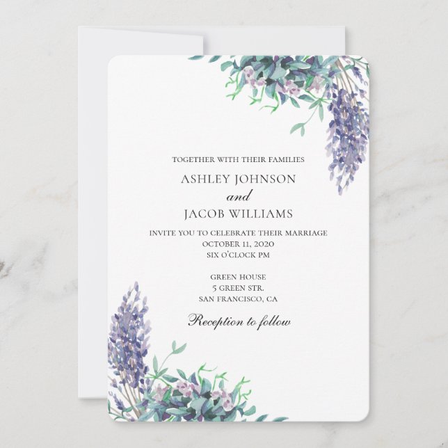 Invitation mariage violet et turquoise. Fleurs de  (Devant)