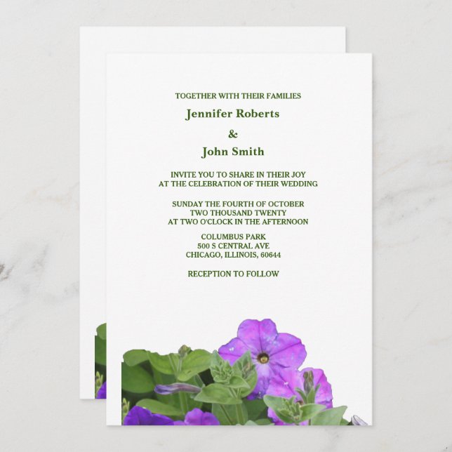 Invitation Mariage violet Floral Sage vert Violet Fleurs (Devant / Derrière)
