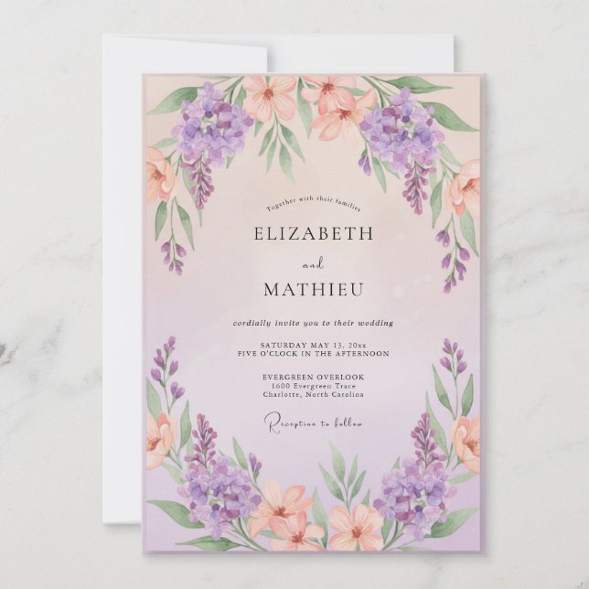 Invitation Mariage Violet Glycine Pêche (Devant)