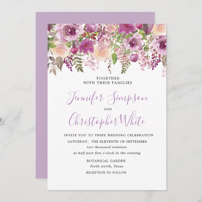 Invitation Mariage violet lavande violette Floral Violet (Devant / Derrière)