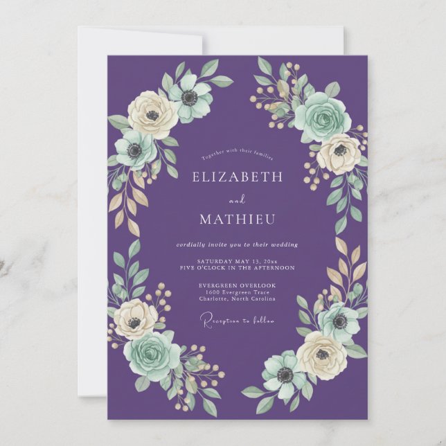 Invitation Mariage Violet Menthe Feuillage Eucalyptus Doux (Devant)