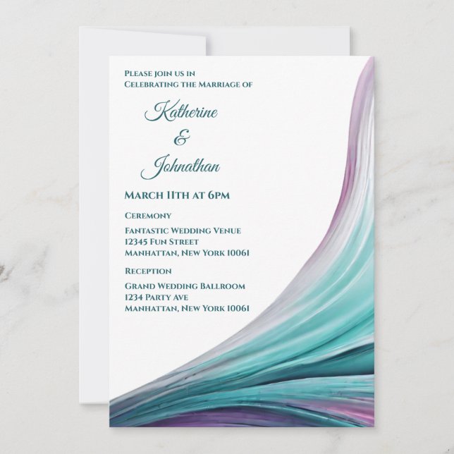 Invitation Mariage-violet moderne et Turquoise (Devant)