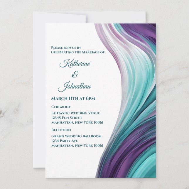 Invitation Mariage-violet moderne et Turquoise (Devant)