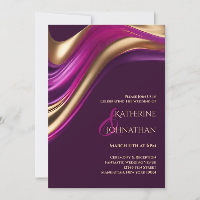 Invitation Mariage-violet moderne Fuchsia et or (Devant)