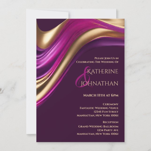 Invitation Mariage-violet moderne Fuchsia et or (Devant)