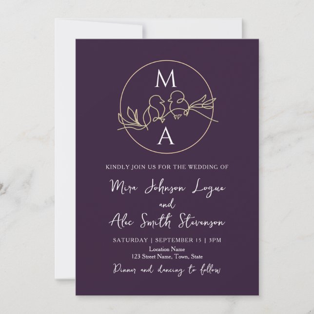 Invitation Mariage violet monogramme (Devant)