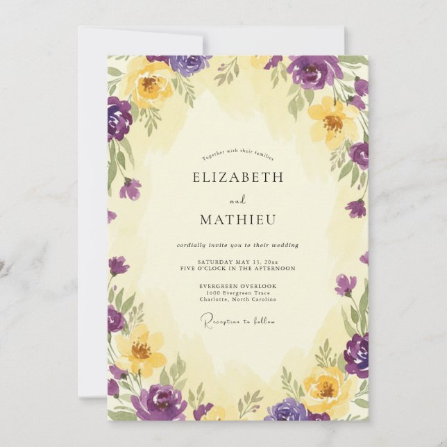 Invitation Mariage Violet Or Ranunculus Eucalyptus Apaisé (Devant)