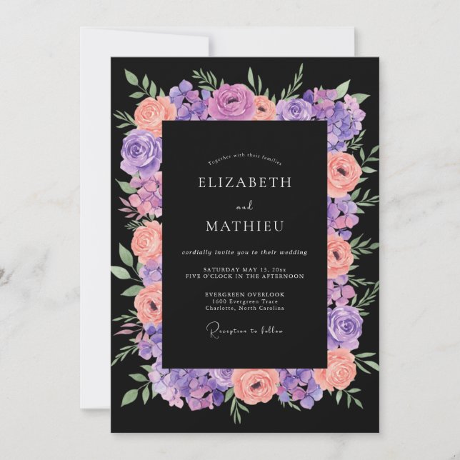 Invitation Mariage Violet Pêche Ranunculus Eucalyptus (Devant)