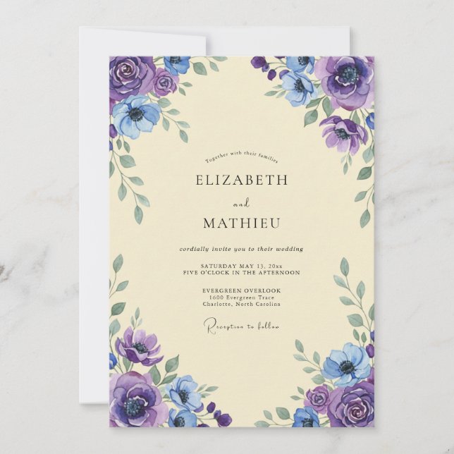 Invitation Mariage Violet Pervenche Pivoine (Devant)