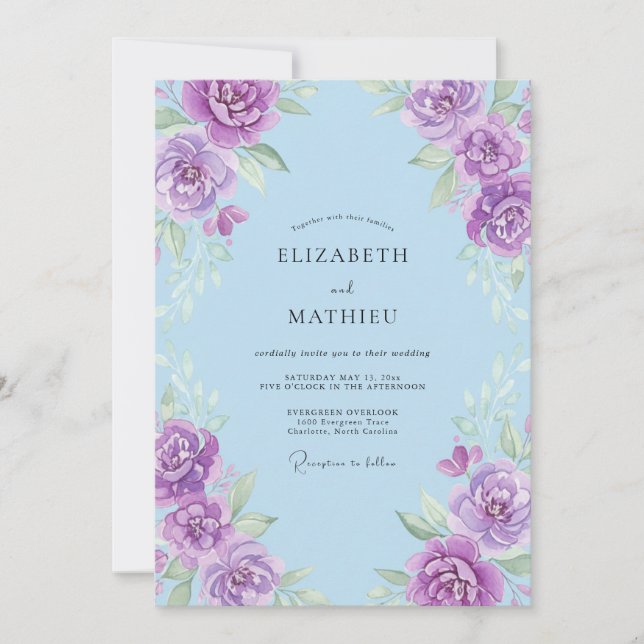 Invitation Mariage Violet Pétales de Pervenche Peint (Devant)