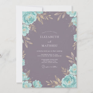 Invitation Mariage Violet Poussiéreux Aqua Feuillu