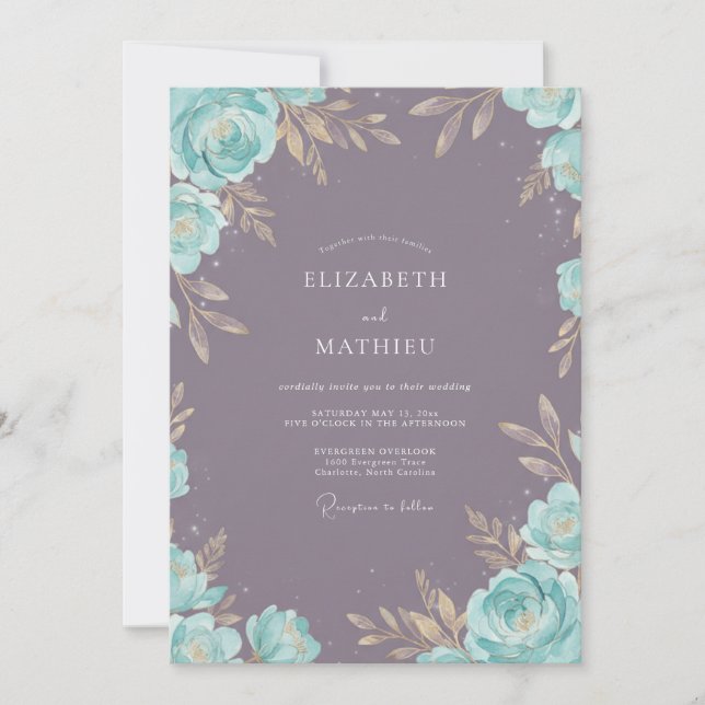 Invitation Mariage Violet Poussiéreux Aqua Feuillu (Devant)
