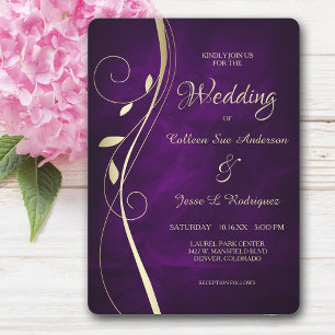 Invitation Mariage violet profond à feuille d'or