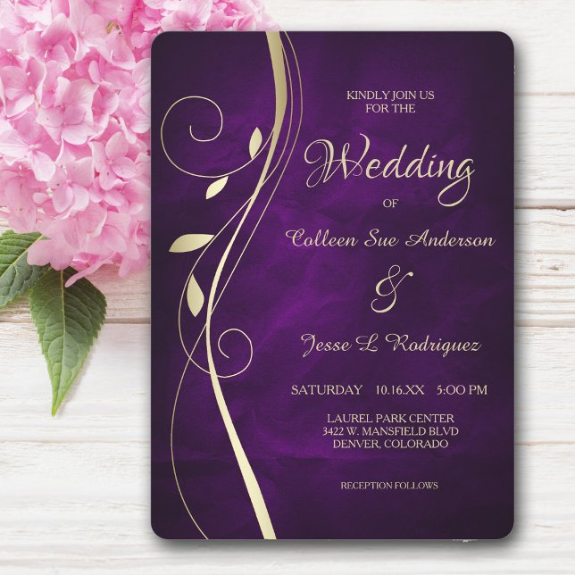Invitation Mariage violet profond à feuille d'or (Créateur téléchargé)