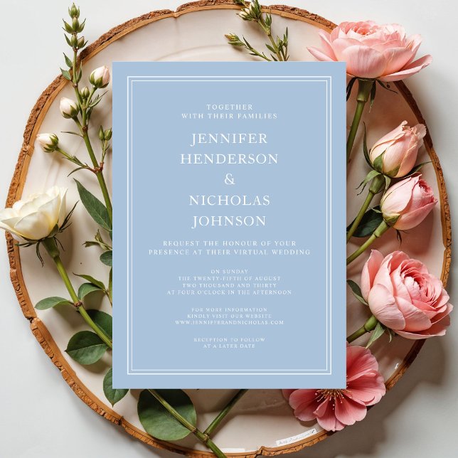 Invitation Mariage Virtuel Bleu Poudre Élégant Moderne (Modern Elegant Powder Blue Virtual Wedding Invitation)
