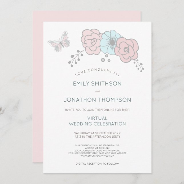 Invitation Mariage virtuel bleu rose bleu à papillon floral m (Devant / Derrière)