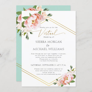 Invitation Mariage virtuel Blush Peony Floral Gold Mint Green
