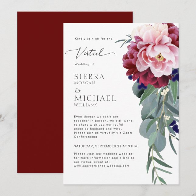 Invitation Mariage virtuel Blush Pink Burgundy Folial Folio (Devant / Derrière)