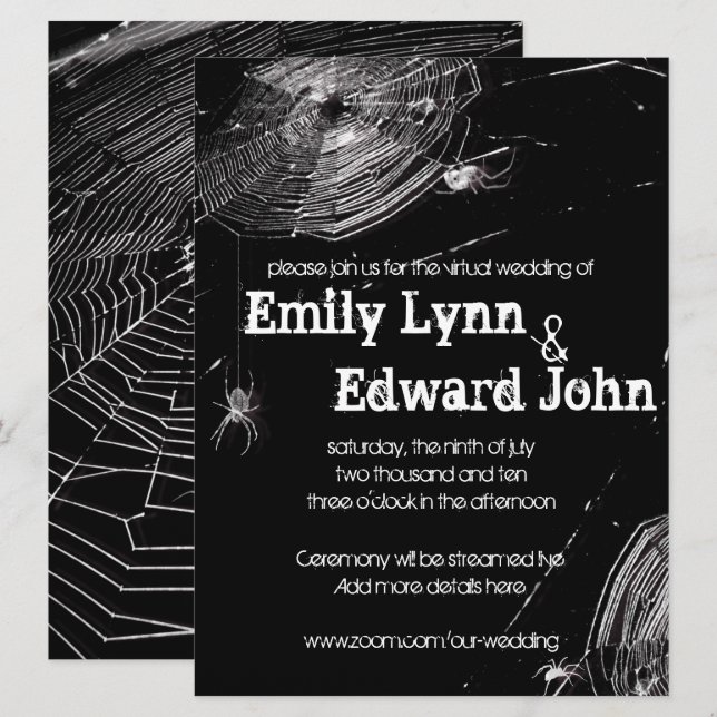 Invitation Mariage virtuel Cobwebs et araignées blanches (Devant / Derrière)