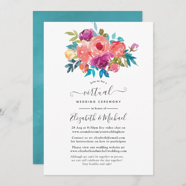 Invitation Mariage virtuel corail, turquoise et violet (Devant / Derrière)