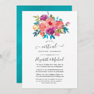 Invitation Mariage virtuel corail, turquoise et violet