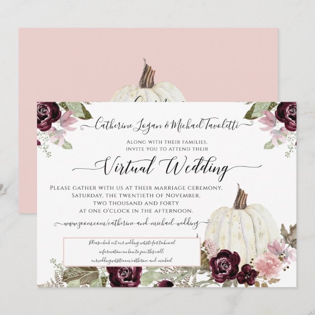 Invitation Mariage Virtuel de Citrouille Florale aux Teintes  (Devant / Derrière)