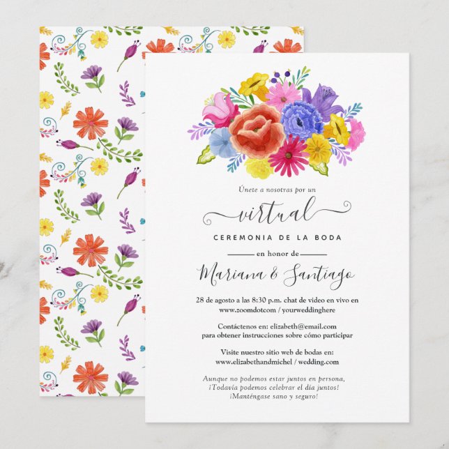 Invitation Mariage Virtuel de Fête Florale à l'Aquarelle Espa (Devant / Derrière)
