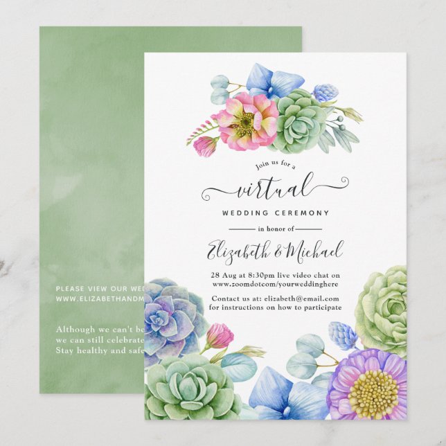 Invitation Mariage Virtuel de Fleurs Succulentes à la Mode en (Devant / Derrière)