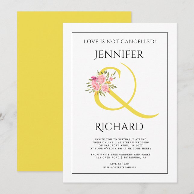 Invitation Mariage virtuel de l'esperluette jaune et des rose (Devant / Derrière)