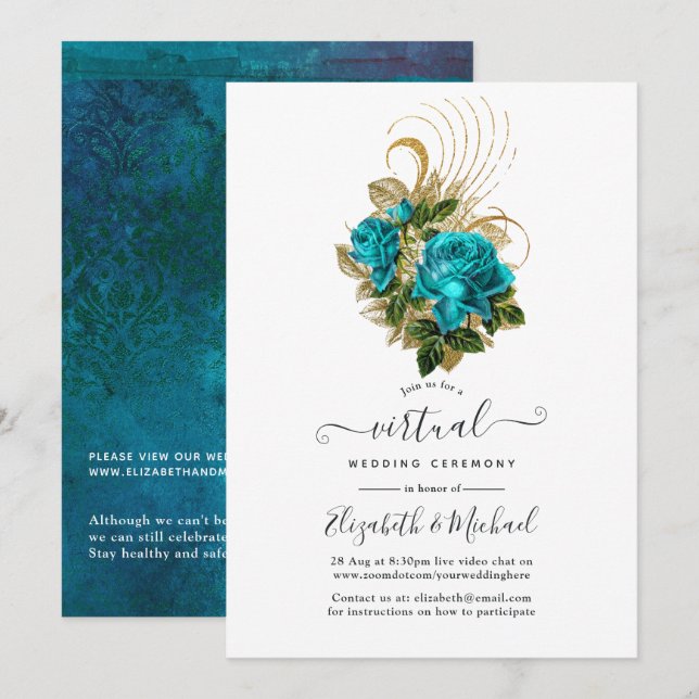 Invitation Mariage virtuel de Midnight Forest Turquoise et Go (Devant / Derrière)