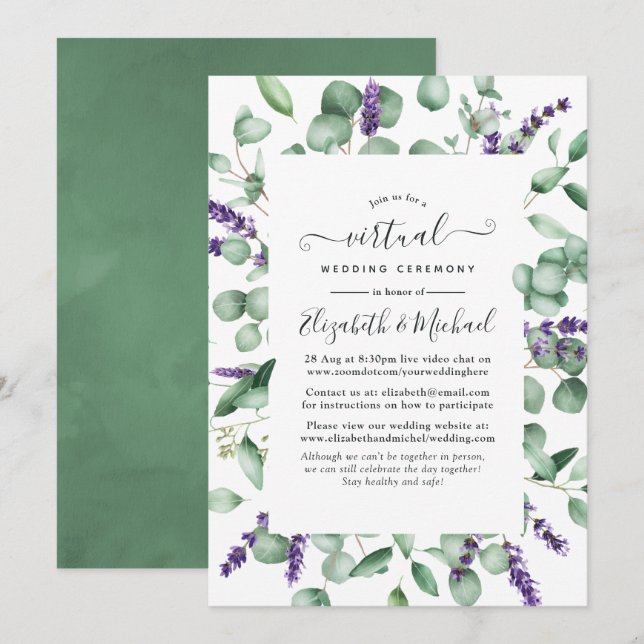 Invitation Mariage Virtuel de Verdure à la Lavande d'Eucalypt (Devant / Derrière)