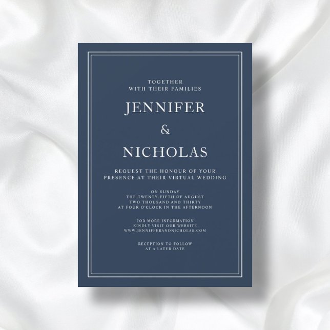 Invitation Mariage Virtuel Élégant Classique Bleu Marine Mode (Front / Modern Elegant Classic Navy Blue Virtual Wedding Invitation)