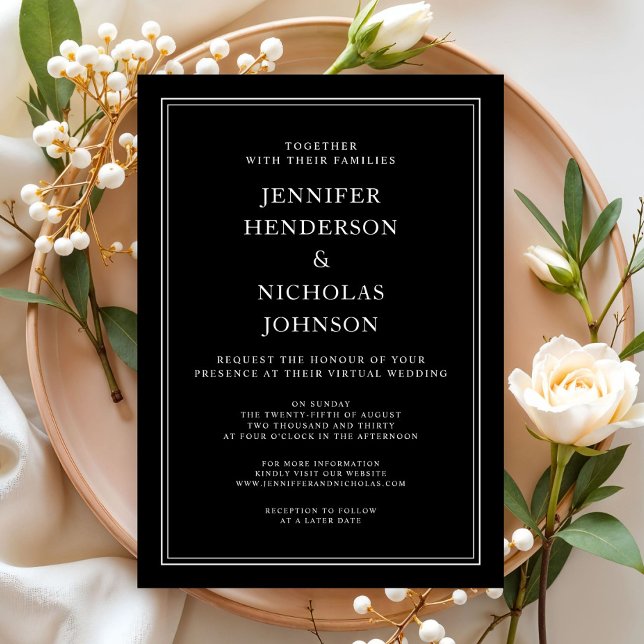 Invitation Mariage Virtuel Élégant Classique Formel Noir Blan (Elegant Classic Formal Black White Virtual Wedding Invitation)