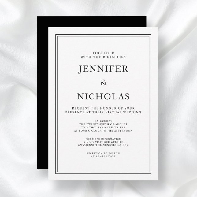 Invitation Mariage Virtuel Élégant Formel Noir Et Blanc (Front/Back Elegant Classic Formal Black White Virtual Wedding Invitation)