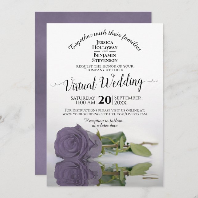 Invitation Mariage virtuel élégant Lilac ou Dusty Purple Rose (Devant / Derrière)