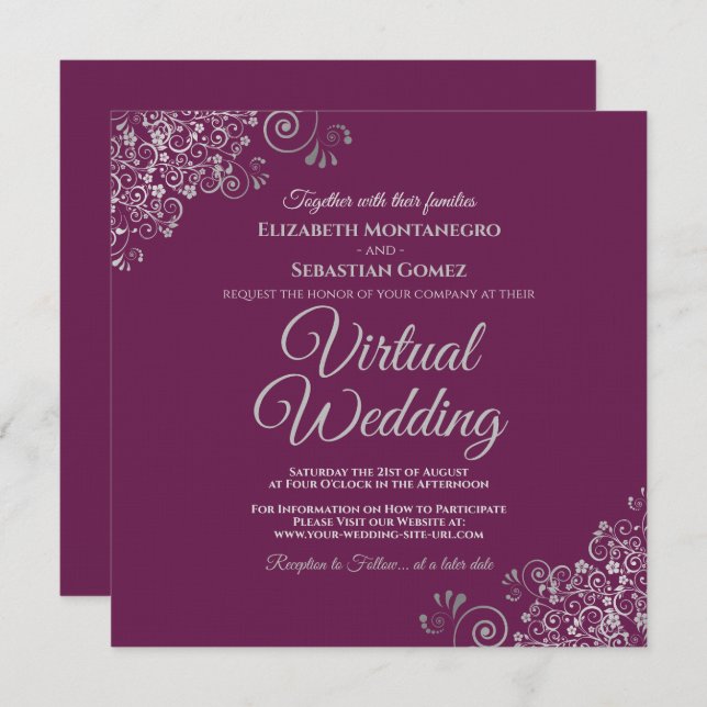 Invitation Mariage virtuel élégant Magenta & Lacy Silver (Devant / Derrière)