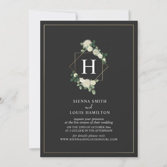 Invitation Mariage virtuel en continu Monogramme floral gris (Devant)