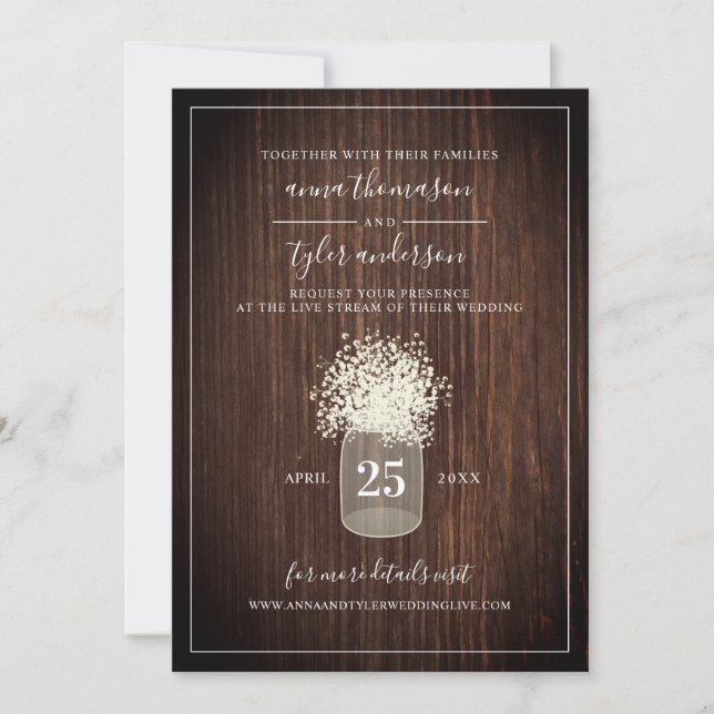 Invitation Mariage virtuel en continu Rustic Mason Jar Wood (Devant)