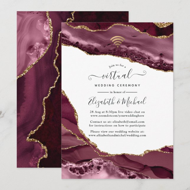Invitation Mariage Virtuel en Ligne Agate Bourgogne et Or (Devant / Derrière)