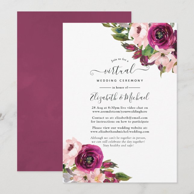 Invitation Mariage virtuel en ligne avec des fleurs de couleu (Devant / Derrière)