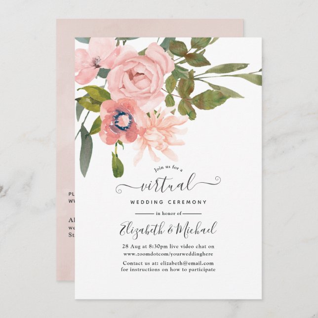 Invitation Mariage virtuel en ligne Blush Pink et Rose Gold (Devant / Derrière)