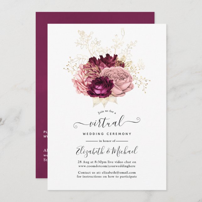 Invitation Mariage virtuel en ligne Burgundy, Blush Pink & Go (Devant / Derrière)