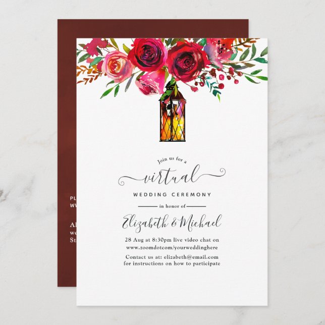 Invitation Mariage virtuel en ligne de la lanterne Florale d' (Devant / Derrière)