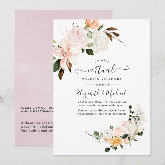 Invitation Mariage Virtuel En Ligne Fleurs Pastel (Devant / Derrière)