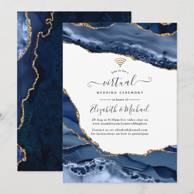 Invitation Mariage virtuel en ligne Marine et Gold Agate (Devant / Derrière)