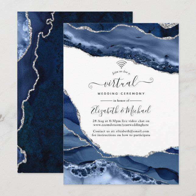 Invitation Mariage virtuel en ligne Marine et Silver Agate (Devant / Derrière)